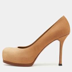 Pre Owned Yves Saint Laurent Beige Lizard Embossed Leather Tribtoo Platform Pumps Size 37