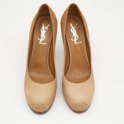 Pre Owned Yves Saint Laurent Beige Lizard Embossed Leather Tribtoo Platform Pumps Size 37