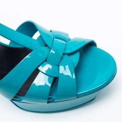 Pre Owned صندل إيف سان لوران تريبوت جلد لامع أزرق نعل سميك مقاس 38.5