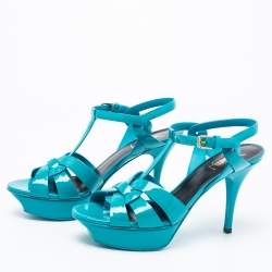 Pre Owned صندل إيف سان لوران تريبوت جلد لامع أزرق نعل سميك مقاس 38.5