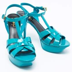 Pre Owned صندل إيف سان لوران تريبوت جلد لامع أزرق نعل سميك مقاس 38.5