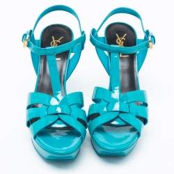 Pre Owned صندل إيف سان لوران تريبوت جلد لامع أزرق نعل سميك مقاس 38.5