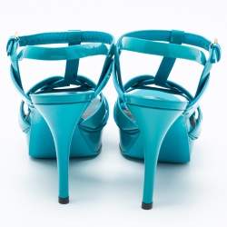 Pre Owned صندل إيف سان لوران تريبوت جلد لامع أزرق نعل سميك مقاس 38.5