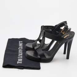 Pre Owned Yves Saint Laurent Black Leather T-Strap Platform Sandals Size 38