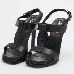 Pre Owned Yves Saint Laurent Black Leather T-Strap Platform Sandals Size 38