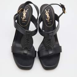 Pre Owned Yves Saint Laurent Black Leather T-Strap Platform Sandals Size 38