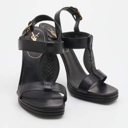 Pre Owned Yves Saint Laurent Black Leather T-Strap Platform Sandals Size 38