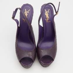 Pre Owned صندل إيف سان لوران جلد ثعبان بنفسجي فتحة كعب نعل سميك مقاس 39