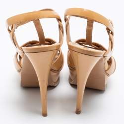 Pre Owned صندل إيف سان لوران تربيوت جلد بيج لامع نعل سميك مقاس 39.5