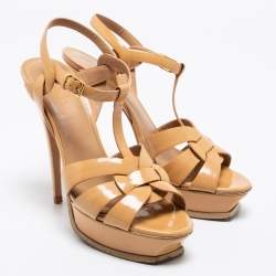 Pre Owned صندل إيف سان لوران تربيوت جلد بيج لامع نعل سميك مقاس 39.5