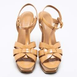 Pre Owned صندل إيف سان لوران تربيوت جلد بيج لامع نعل سميك مقاس 39.5