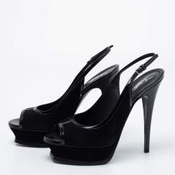 Pre Owned Yves Saint Laurent Black Suede And Patent Leather Tribtoo Slingback Platform Sandals Size 38