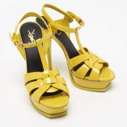 Pre Owned صندل إيف سان لوران تريبوت جلد لامع أصفر نعل سميك مقاس 40