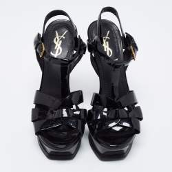 Pre Owned Yves Saint Laurent Black Patent Tribute Sandals Size 35