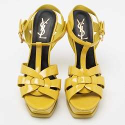 Pre Owned Yves Saint Laurent Yellow Patent Leather Tribute Platform Sandals Size 38