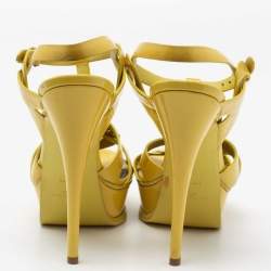 Pre Owned Yves Saint Laurent Yellow Patent Leather Tribute Platform Sandals Size 38