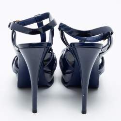 مملوكة مسبقًا صندل إيف سان لوران تريبوت جلد لامع أزرق نعل سميك مقاس 38