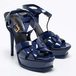 مملوكة مسبقًا صندل إيف سان لوران تريبوت جلد لامع أزرق نعل سميك مقاس 38