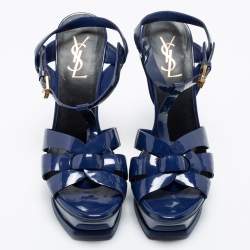 مملوكة مسبقًا صندل إيف سان لوران تريبوت جلد لامع أزرق نعل سميك مقاس 38