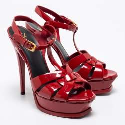 Pre Owned Yves Saint Laurent Red Patent Leather Tribute Sandals Size 38