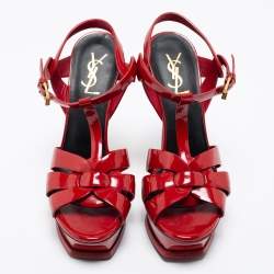 Pre Owned Yves Saint Laurent Red Patent Leather Tribute Sandals Size 38
