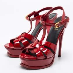 Pre Owned Yves Saint Laurent Red Patent Leather Tribute Sandals Size 38
