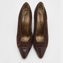 Pre Owned حذاء كعب عالي إيف سان لوران جلد وسويدي بني داكن مقاس 38