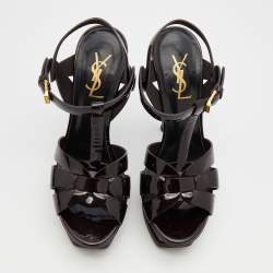 Pre Owned Saint Laurent Dark Brown Patent Leather Tribute Ankle Strap Platform Sandals Size 37