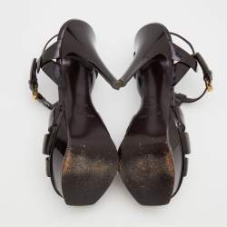 Pre Owned Saint Laurent Dark Brown Patent Leather Tribute Ankle Strap Platform Sandals Size 37