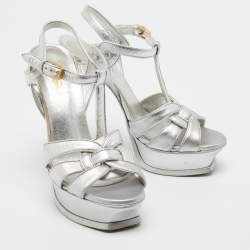 Pre Owned Yves Saint Laurent Silver Leather Tribute Platform Sandals Size 37