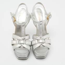 Pre Owned Yves Saint Laurent Silver Leather Tribute Platform Sandals Size 37
