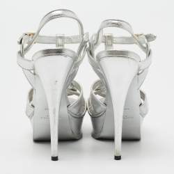 Pre Owned Yves Saint Laurent Silver Leather Tribute Platform Sandals Size 37