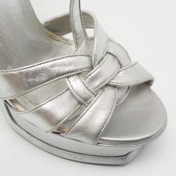 Pre Owned Yves Saint Laurent Silver Leather Tribute Platform Sandals Size 37