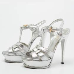 Pre Owned Yves Saint Laurent Silver Leather Tribute Platform Sandals Size 37