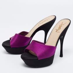Pre Owned Yves Saint Laurent Purple/Black Satin Platform Slide Sandals Size 37.5