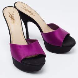 Pre Owned Yves Saint Laurent Purple/Black Satin Platform Slide Sandals Size 37.5