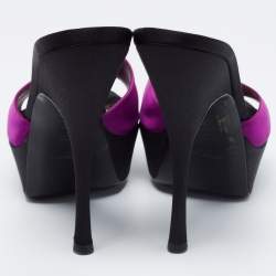 Pre Owned Yves Saint Laurent Purple/Black Satin Platform Slide Sandals Size 37.5