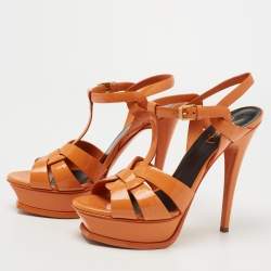 Pre Owned Yves Saint Laurent Orange Patent Leather Tribute Platform Sandals Size 37.5