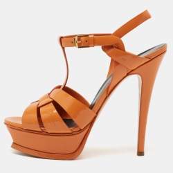 Pre Owned Yves Saint Laurent Orange Patent Leather Tribute Platform Sandals Size 37.5