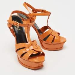 Pre Owned Yves Saint Laurent Orange Patent Leather Tribute Platform Sandals Size 37.5