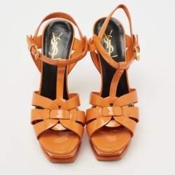 Pre Owned Yves Saint Laurent Orange Patent Leather Tribute Platform Sandals Size 37.5