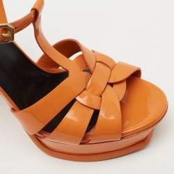 Pre Owned Yves Saint Laurent Orange Patent Leather Tribute Platform Sandals Size 37.5