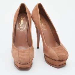Yves Saint Laurent Brown Nubuck Leather Tribtoo Platform Pumps Size 38