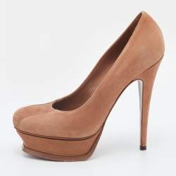Yves Saint Laurent Brown Nubuck Leather Tribtoo Platform Pumps Size 38