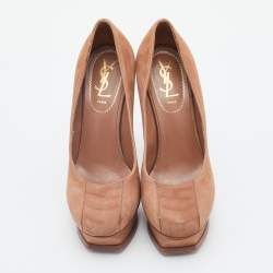 Yves Saint Laurent Brown Nubuck Leather Tribtoo Platform Pumps Size 38