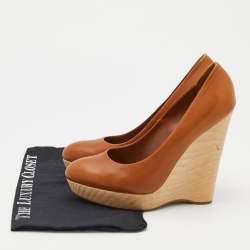 Pre Owned Yves Saint Laurent Brown Leather Wedge Platform Pumps Size 40.5