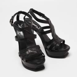 Pre Owned Yves Saint Laurent Black Leather Platform Sandals Size 37.5