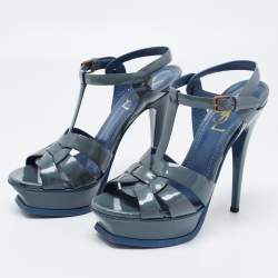 Pre Owned Yves Saint Laurent Grey Patent Leather Tribute Sandals Size 37
