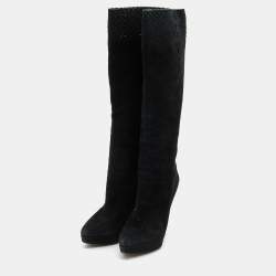 Pre Owned Yves Saint Laurent Black Suede Platform Knee Length Boots Size 40