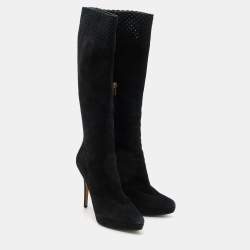 Pre Owned Yves Saint Laurent Black Suede Platform Knee Length Boots Size 40